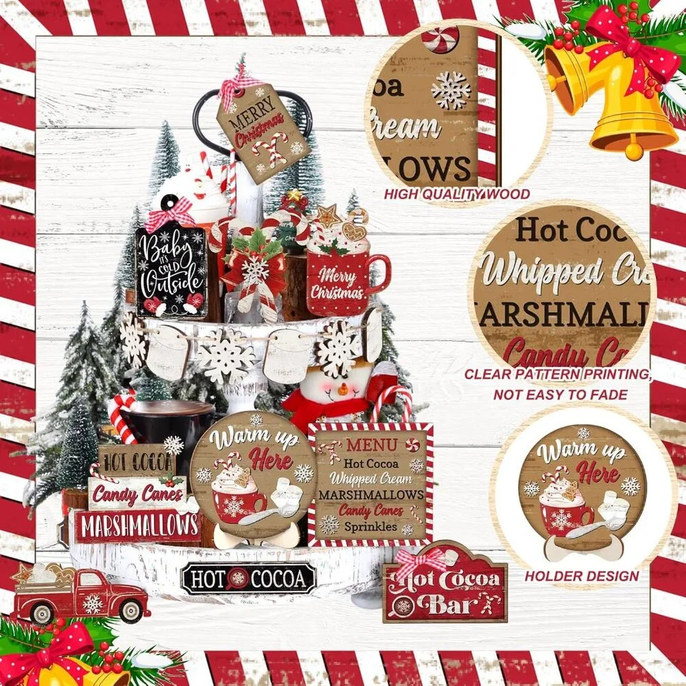 Charming Holiday Decor Set: 16 Wooden Christmas Tray Pieces for Your Home
